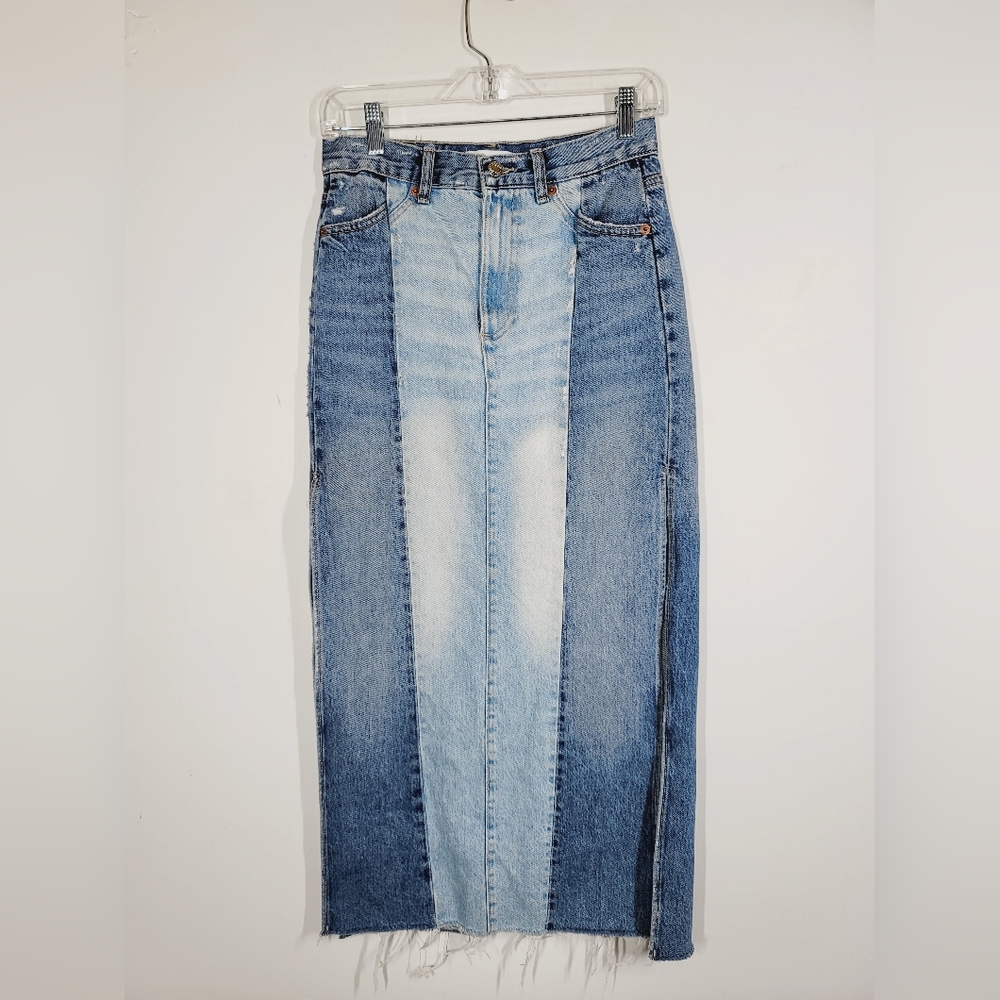 Zara Two-Tone Blue Denim Maxi Skirt, Size XS